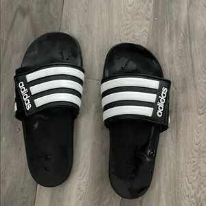 Adidas Black and White Slide Sandals with Stripes
